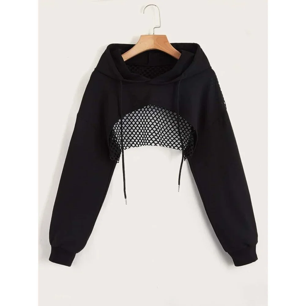 Women's Cropped Hoodie Polyester Drop Shoulder Hollow Out Pullover